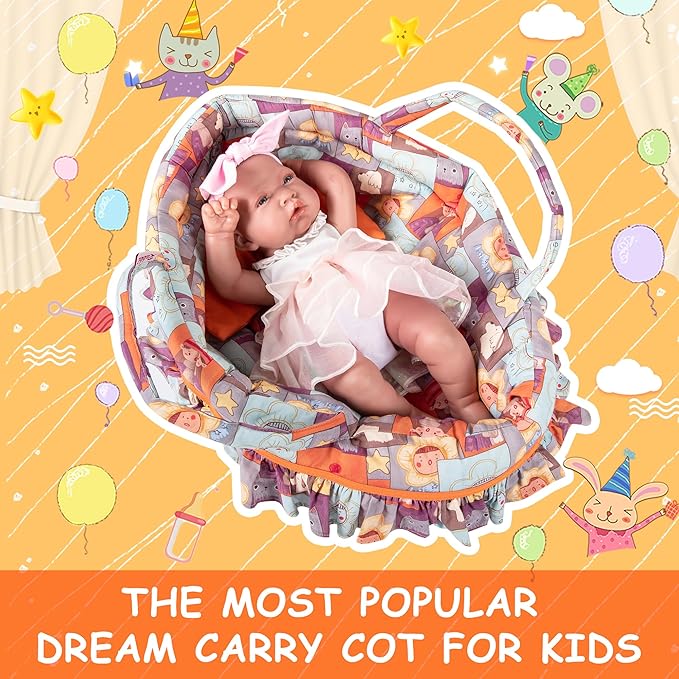 Doll Carry Cot Set Doll Carrier Soft Basket Bassinet, Includes 1 Cot and 1 Pillow, Orange Cartoon Doll Bassinet, Fits for 18-inch American Girl Dolls
