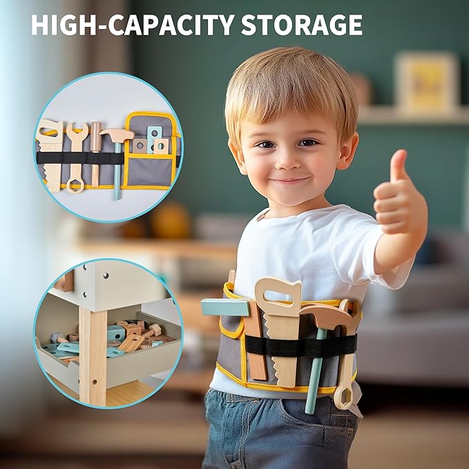 Kids Tool Bench,Wooden Play Tools Set with Kids Tool Belt Toddlers Workbench Pretend Construction Tools Set Wooden Toy Drill Gift for Boys & Girls Age 3-5