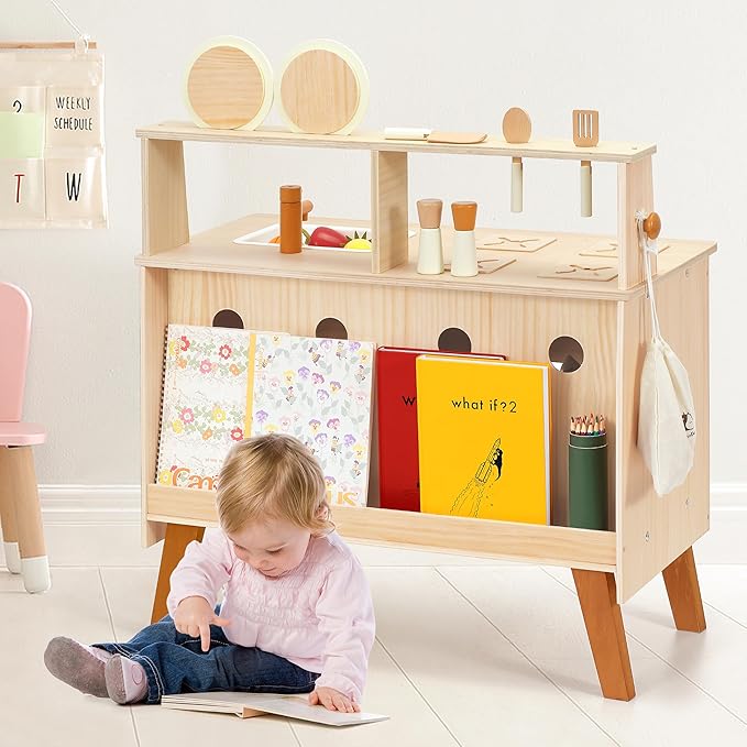 PairPear Play Kitchen Set for Kids, Wooden Toy Kitchen with Accessories & Play Food, Natural Wood Kids Kitchen for Imaginative Cooking & DIY Crafting - Ideal Gift for Toddlers Age 3+
