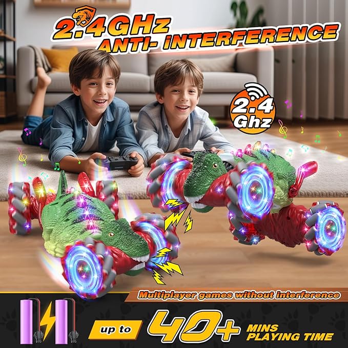 Remote Control Car,Dinosaur Toys car for Kids,2.4GHz LED Gesture Sensing RC Car,4WD Rotation RC Stunt Car with Lights and Music,Dino Toys for Kids Ages 3 4 5 6 7 Gifts for Boys Girls(Red)
