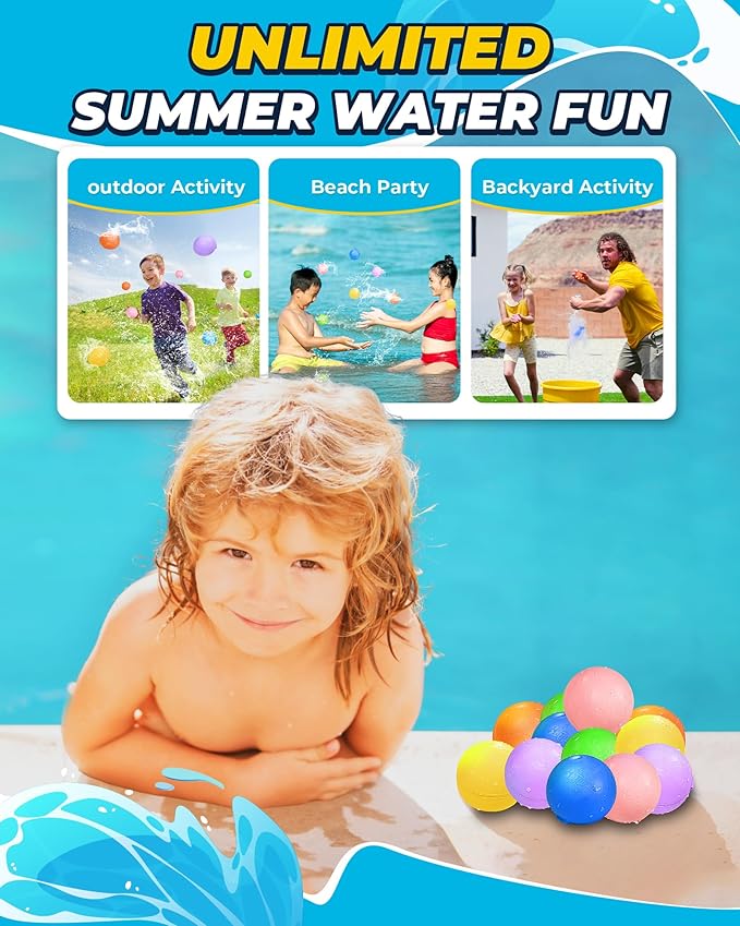Upgraded Model SOPPYCID 6PCS Reusable Water Balloons - Quick Fill Water Balls Toys For Toddler Age 4-8 - Refillable Magnetic Self-Sealing Water Splash Bomb For Summer Party Pool Toys