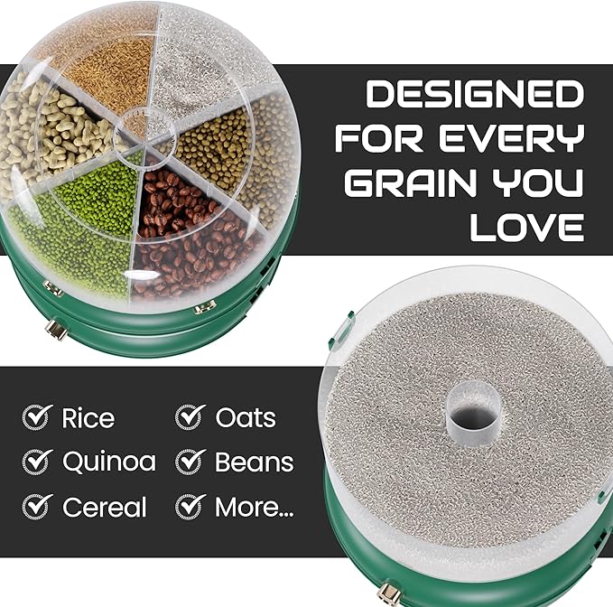 Airtight Rice Container Dispenser- Rotating Rice Dispenser with Strainer, 6 Grain Holding Options- Versatile Grain Storage Container for Pantry, Food Bucket for Cereal, Beans, Oatmeal (White)