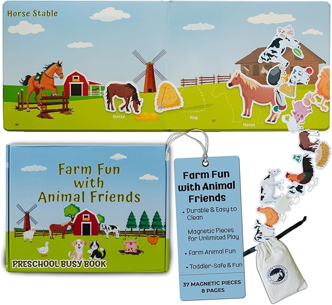 Motessory Preschool Busy Book – Farm Adventures Busy Book for Toddlers 3-5 Years Old with 8 Magnetic Pages and Figurines – Educational Toddler Montessori Toys for Home, Kindergarten, Travel