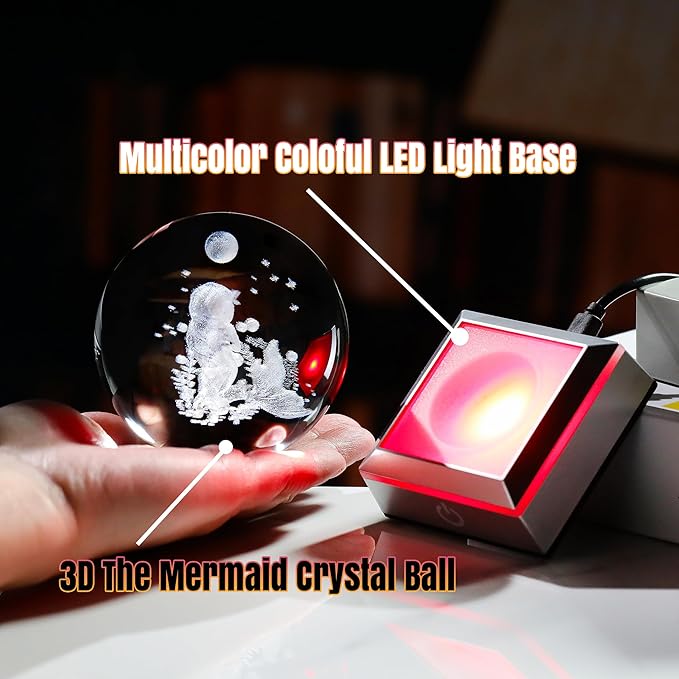 Ornalrist 3D Mermaid Crystal Ball Gifts for Women, Girls 3.15in with Colorful LED Light Base - Gifts for Kids on Birthday, Christmas, New Year - Mermaid Figurines Home Decor