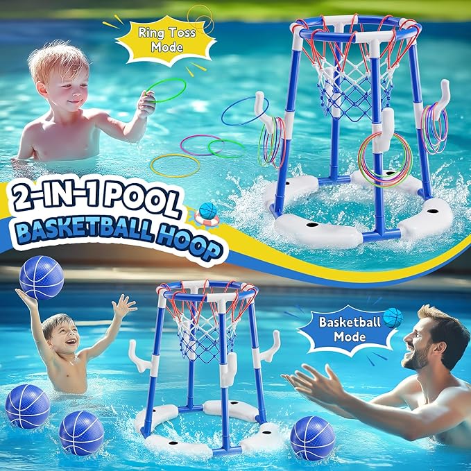 Pool Basketball Hoop, Floating Game with 6 Balls & Pump, Kids Pool Toys for Outdoor Summer Fun, Adjustable Height for Ages 4-8-12, Family Swimming Pool Accessory(Blue)