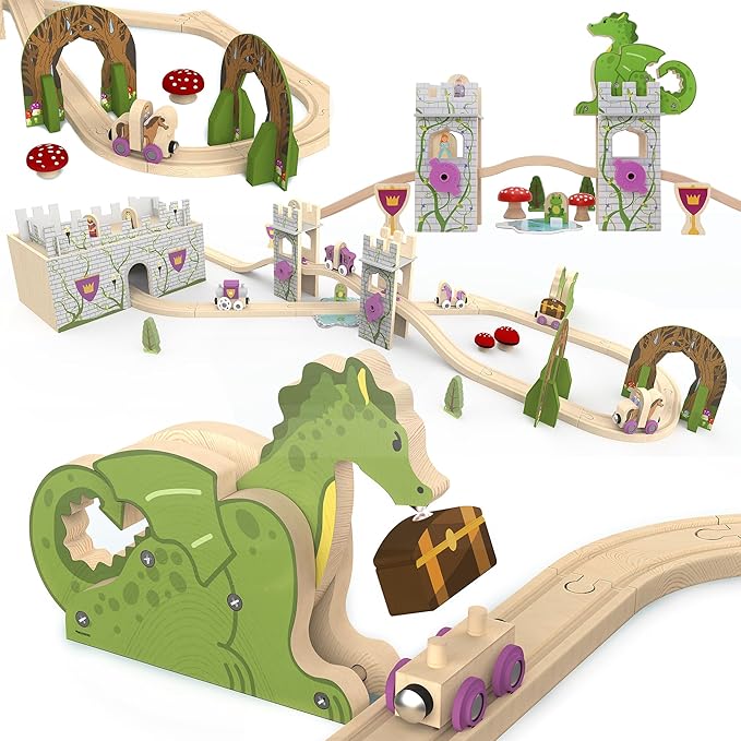 68 Pcs Fantasy Kingdom Adventure Wooden Train Set in Wooden Storage Box Unisex Children Toys Girls Boys 3 4 5 6 7 Years Compatible with Thomas, BRIO, Melissa and Doug, Imaginarium, IKEA