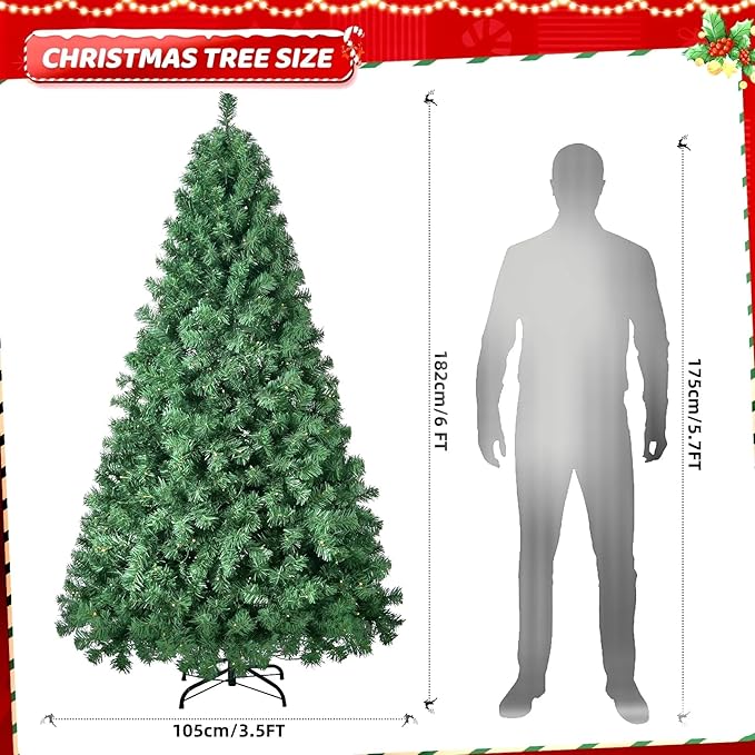 6ft Prelit Christmas Tree, Artificial Xmax Tree with 250 Lights and 1000 Branch Tips, Prelighted Xmas Tree for Home Party Holiday Decoration