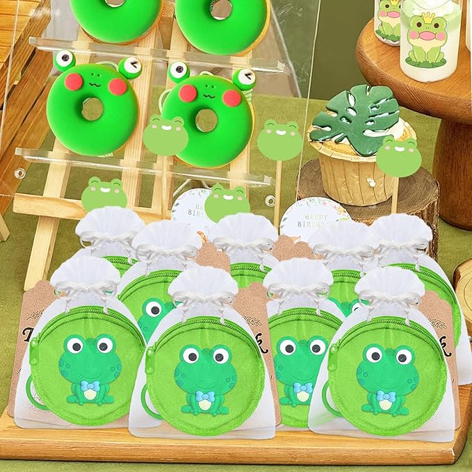 36 Pack Frog Change Purses Set Include 12 Wallets with Keyring,12 Thank You Tags and 12 Organza Bags for Green Frog Lover,Baby Shower,First Birthday Reptile Camping Decor,Green