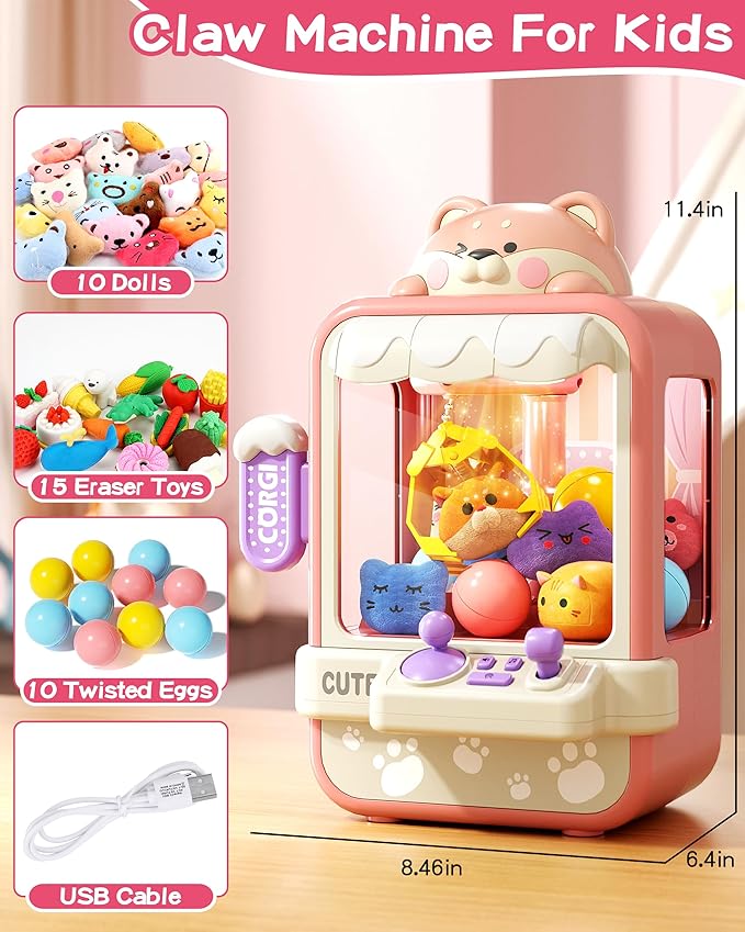 Claw Machine for Kids, Mini Vending Machine with Music, Prize Dispenser Toys for Girls and Boys, Electronic Claw Game Machine for Party Birthdays, Includes 35 Mini Toys (Small)