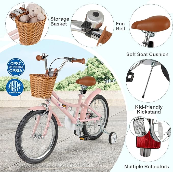 BABY JOY Retro Kids Bike, 12 14 16 18 Inch Child Bike for 3-8 Years Old w/Rattan Basket, Adjustable Height, Training Wheels, Fenders, Handbrake Coaster Brake, 95% Pre-Assembled Kids Bicycle for Girls