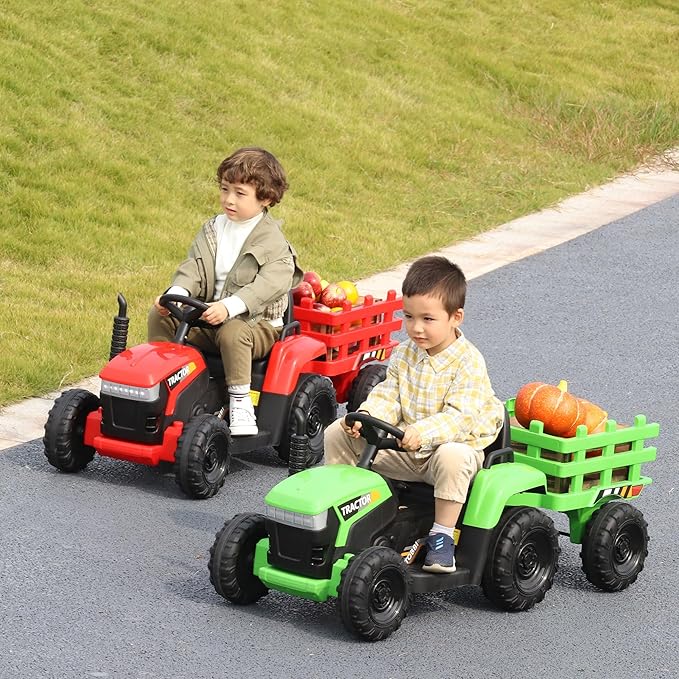 TOBBI Kids Electric Ride On Toy Tractor, 12v Battery-Powered 4 Wheels Ride On Car with Trailer, 35W Dual Motors/3-Gear-Shift/LED Lights/USB Audio Functions for Toddlers 3-6 Years-Green