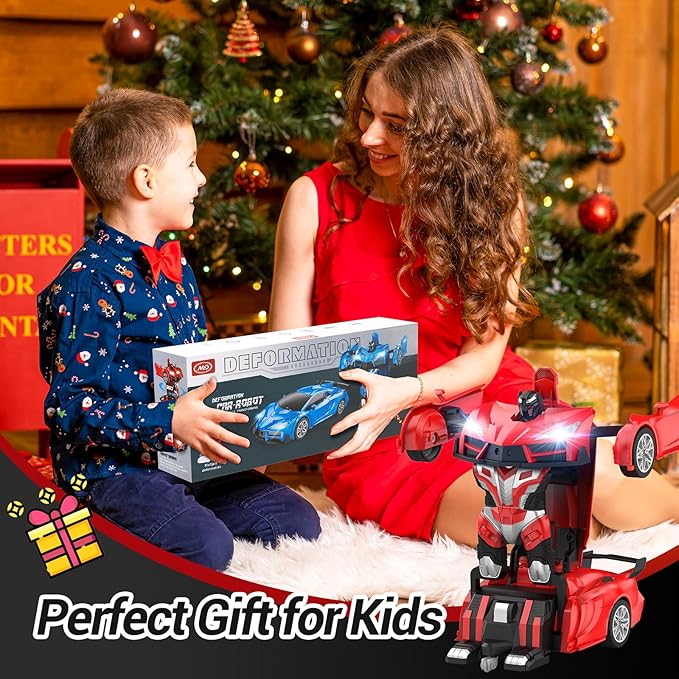 Remote Control Car,Transform Robot RC Cars with Cool LED Headlights, 2.4Ghz Toys Car with 360 Degree Rotation and One-Button Deformation, Christmas Birthday Gifts for Boys Girls(Red)