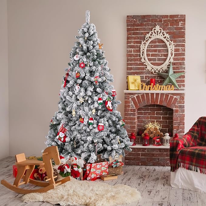 6ft Snow-Flocked Artificial Christmas Tree, Premium Unlit Holiday Xmas Tree for Home Office Party Decoration with 800 PVC Hinged Branch Tips, Foldable Stand, Green&White