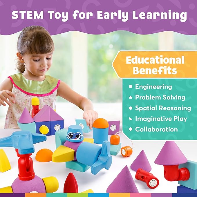 Magnetic Foam Bath Building Blocks - 50-Piece Trunk Set, Great for Preschools, Bathtub, Sensory Bin Filler, Engineering Toys for Kids 3-5