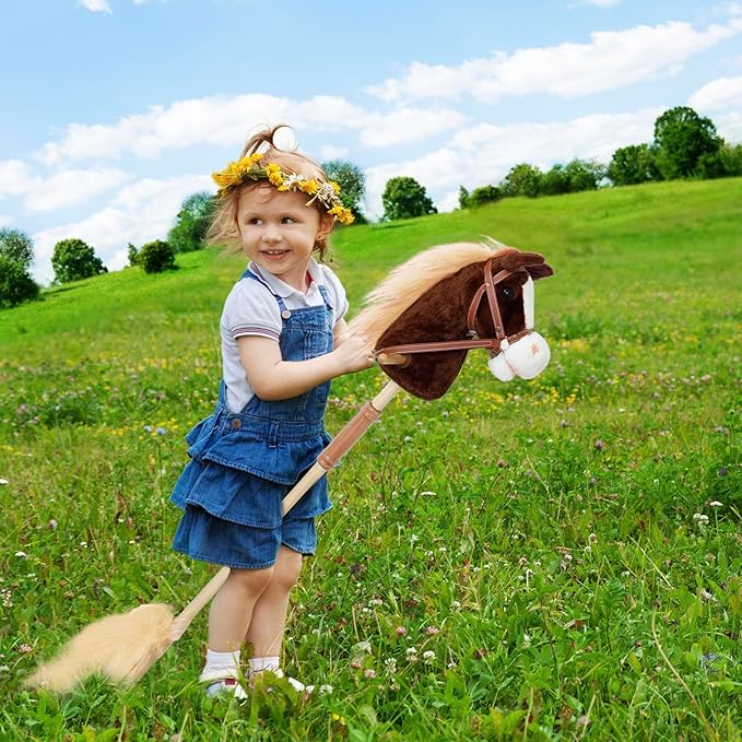 Plush Stick Horse with Wood Wheels Real Pony Neighing and Galloping Sounds Toy, Horse on A Stick Provides Fun Pretend Play for Toddlers & Preschoolers (AA Batteries Required)