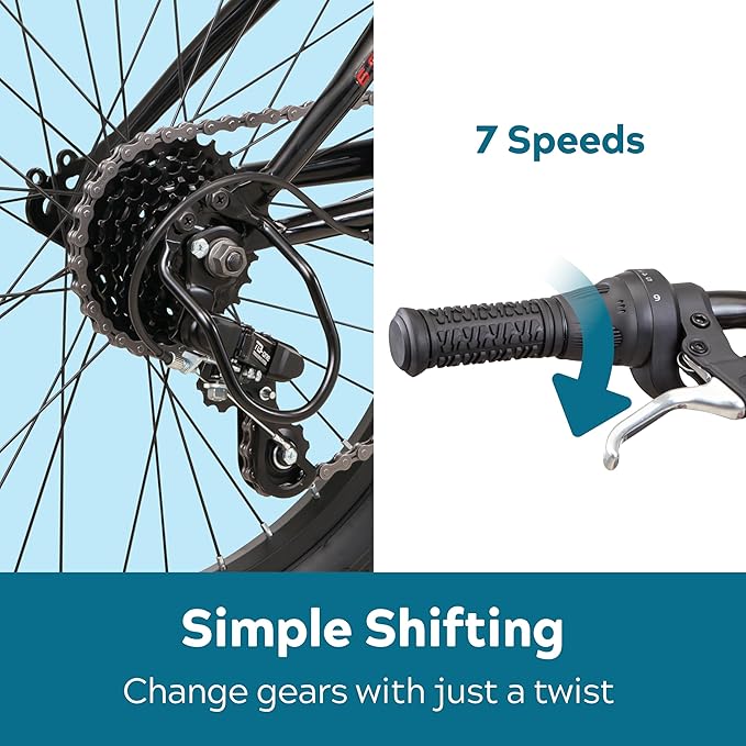 Cavern Mountain Bike for Youth or Adult Boys Girls, 7 or 21-Speed Twist Shifter Options, 20/24/26-Inch Wheels, 11 to 17.5-Inch Steel Frame, Front Suspension, Kickstand Included