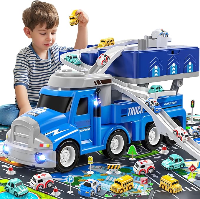 2 in1 Carrier Toy Trucks for Kids 3 4 5 6 Years Old - Vehicle Toys with 8 City Cars, Transport Race Tracks with Light and Music, Educational Car Games Gift for Toddler Ages 2-4 3-5 4-6 (Blue)