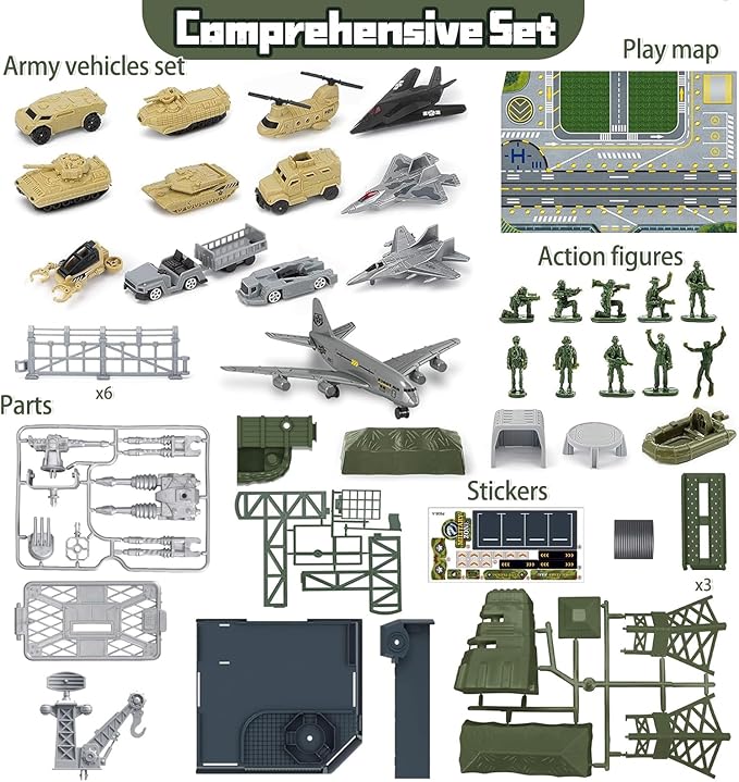 CORPER TOYS Military Base Set with Tank,Airplane,Fighter Jet,Mini Army Men Action Figures,Play Map with Vehicles Accessories Playset for Kids Gift for Birthday