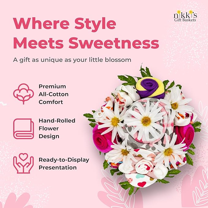 Deluxe Baby Blossom Clothing Bouquet | Newborn Baby Girl Gift Set | Gift for Expecting Moms and Gender Reveals | New Baby Gift Basket | Pink Baby Gift Set | Baby Girl Outfits | Nikki's Gift Baskets