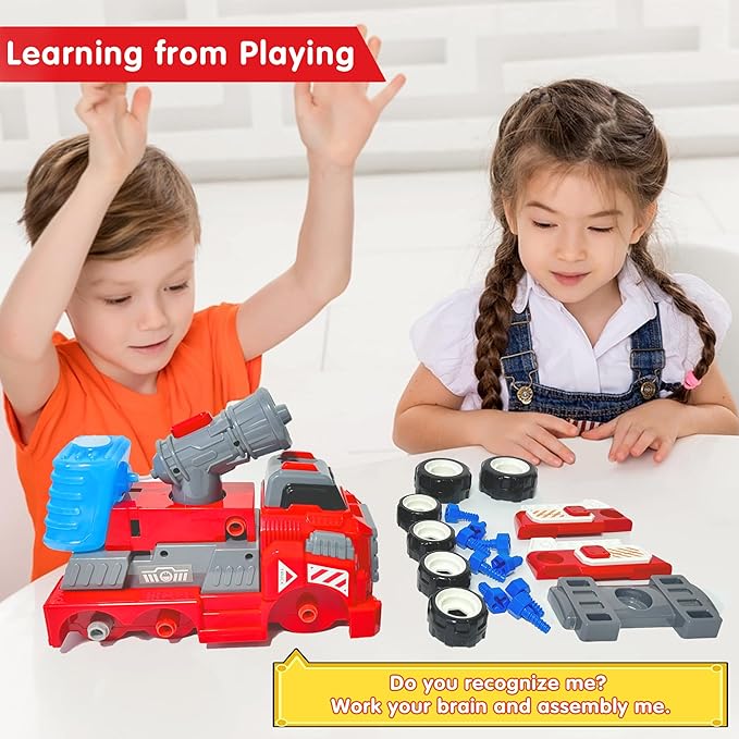 11inches Large Take Apart Fire Toy Trucks for Boys Girls Kids 3-5 6-8 Year Old Fire Rescue Vehicles with Electric Drill Set Assembly Toy