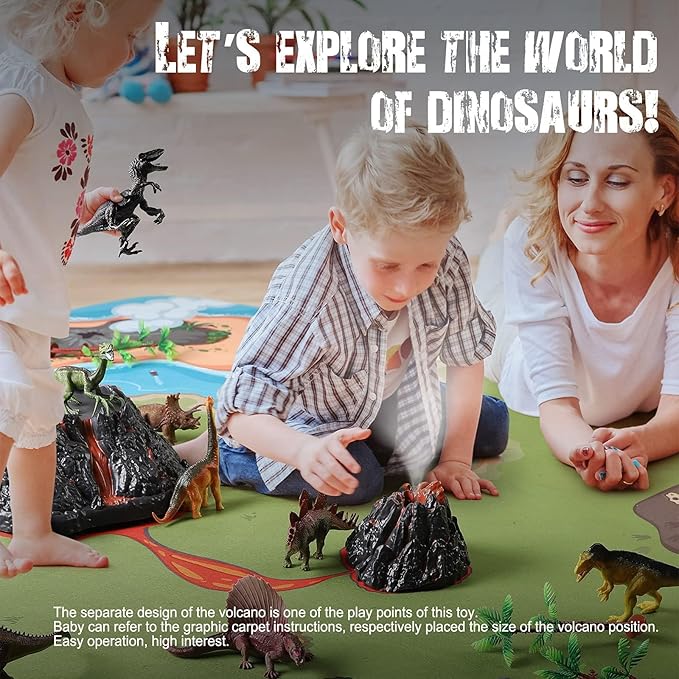Dinosaur Toys with Simulation Volcano for Kids 3-5 Years, Toddlers Dinosaur Figures and Large Play Mat for Boys and Girls, Gifts for Preschool Toddlers (Size 63x63 in)