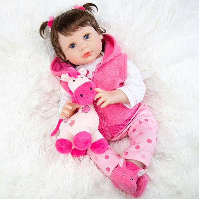 Real Life Baby Dolls, 22-Inch Reborn Baby Doll Soft Cloth Body Lifelike Baby Dolls Complete with Clothes and Toy Accessories Christmas Birthday Gift for Kids Age 3+, Pink Pony