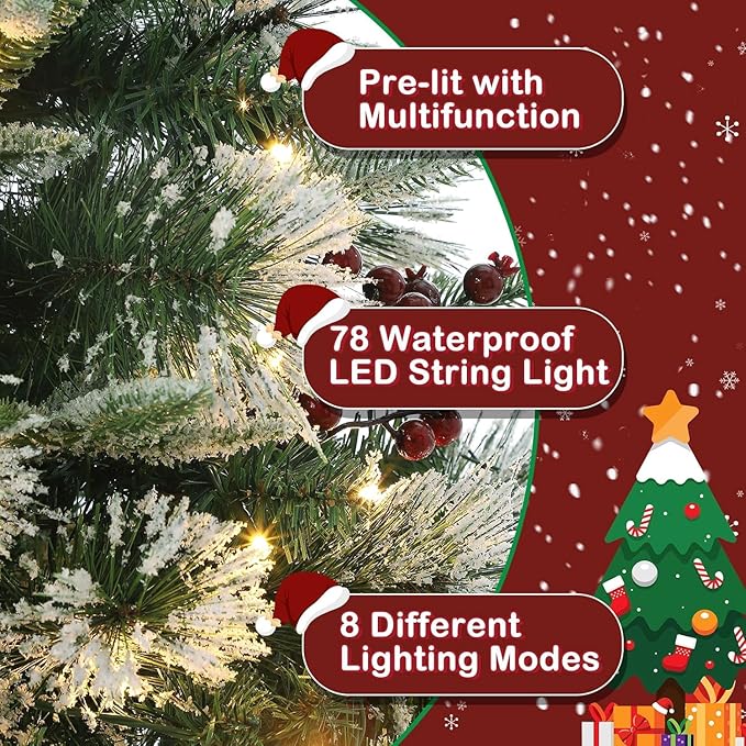 3FT Prelit Artificial Christmas Tree with Lights, 3 Foot Artificial Christmas Tree with Snowflake Base, 78 LED Prelit Christmas Tree, Battery Operated, Timer, Easy Assembly, Winter Holiday Decor