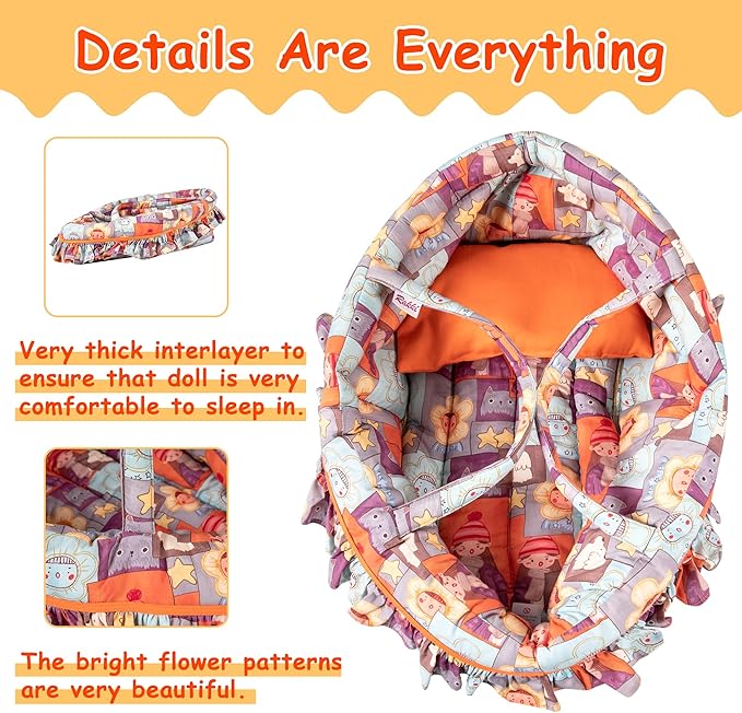 Doll Carry Cot Set Doll Carrier Soft Basket Bassinet, Includes 1 Cot and 1 Pillow, Orange Cartoon Doll Bassinet, Fits for 18-inch American Girl Dolls