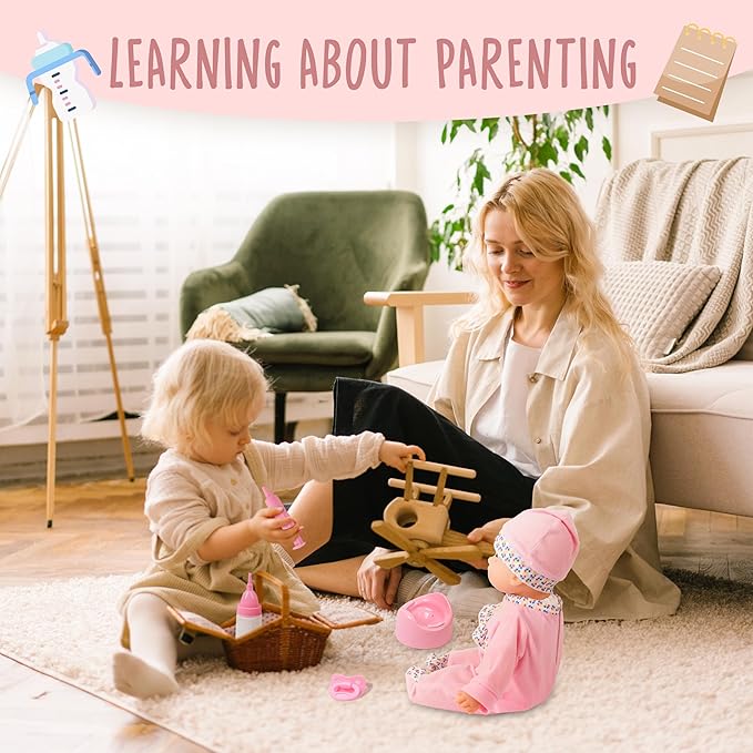 SMILESSKIDDO Interactive Baby Doll Pink - 16 Inch Crying Talking Feeding Dolls with Different Sounds and Accessories, Pretend Play Preschool Toys for 2 3 4 5+ Year Old Girls Boys Gift