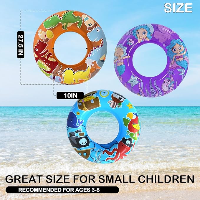 3-Pack Kids Pool Floats with Dinosaur/Pirate/Mermaid Design – Pool Toys for Toddler, 27.5“ Inflatable Swim Rings, Inner Tube for Floating Age 3-8,Premium Floaties & Water Toys for Summer Beach Party