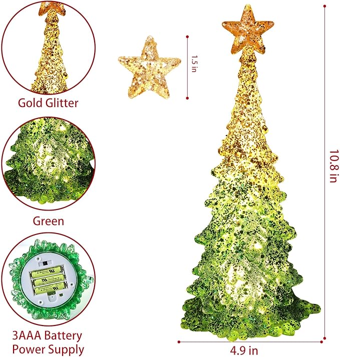 11 Inch Tabletop Christmas Tree with Sparkling Glitter - Battery Operated Acrylic Lighted Christmas Tree for Home Office Fireplace Christmas Holiday Decoration Festive Decor Gift, Warm White Glow