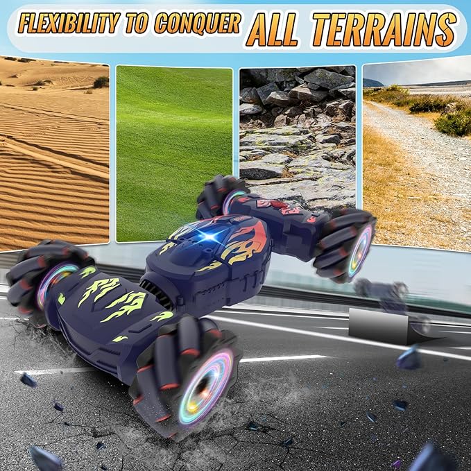 Pristar RC Cars, Gesture Sensing RC Stunt Car Toys for Boys Girls 6-12, 2.4Ghz 4WD Remote Stunt Car with Spray Lights Music 360° Rotate Fast Off-Road Transform, Birthday Xmas Gifts for Kids Age 6-12