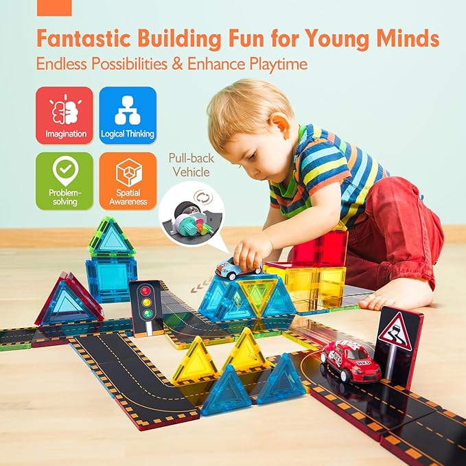 hahaland Magnetic Tiles Road Set - Magnetic Construction Toys with Cars for Ages 3-5 Toddlers Kids Preschool Montessori Toys for 3 4 5 6 7 Year Old Boys Girls Easter Birthday Gifts