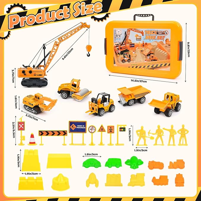 Construction Sandbox Toys Kids Play Sand Kit, 3.1lbs Sand & Large Tower Crane & 5 Trucks & 13 Signs & 14 Molds, Beach Building Castle Table Sensory Bin Toy for Toddler Boy 3-8 Years Old