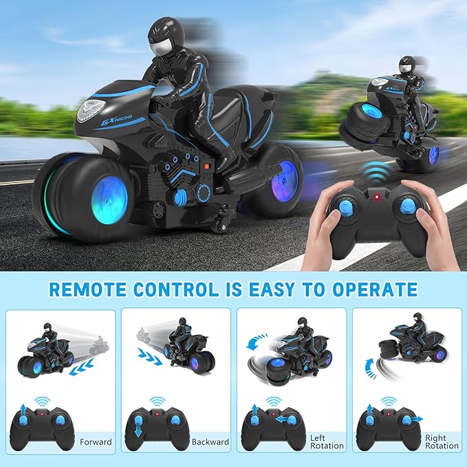 RC Motorcycle, Remote Control Motorcycle with RGB Wheels Lights - 360-degree Rotations, Drifts, High-Speed, RC Car Dirt Bike Toy for Boys 4-7 8-12 Years Kids