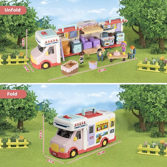 Marstone Doll House Toys for Girls 3 4 5 6 7 8+ Year Old, Transformable Dream Camper House with Little People, Pretend Play RV Set Dollhouse Inertia Vehicle with Sound and Music for Birthday Gifts 3+