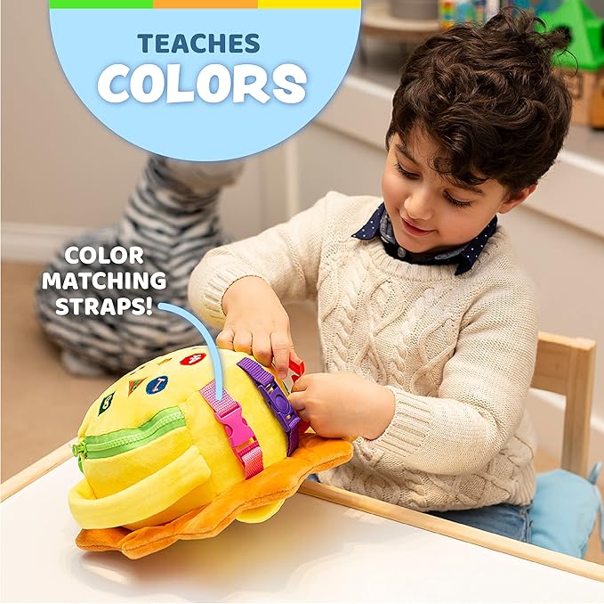 Buckle Toys Benny Lion Stuffed Animal Plush Montessori Toys for Toddlers 1-3 Sensory Toys to Develop Fine Motor Skills and Learn Shapes and Colors, Travel Essentials for Kids, Includes Storage Pocket