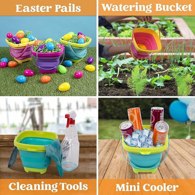 Sloosh 3 Packs Foldable Bucket - Collapsible Bucket with Sand Shovels and Mesh Backpack for Kids Toddlers Beach Toys, Easter Egg Hunt, Camping, Travelling and Fishing Water Pail (Pink/Purple/Green)