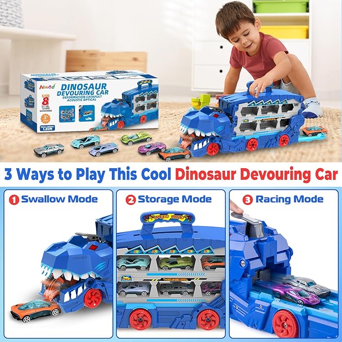 Carrier Truck Toys for Kids, 6-FT Race Track and 8 Die-Cast Metal Toy Cars, Dinosaur with Race Track Ultimate Transporter, Racing Car with Sound Toddler Toys Gifts for Age 3 4 5 6 7 8Years Old