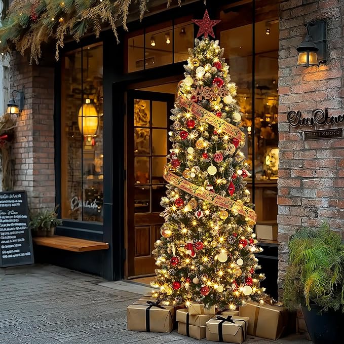 GAOMON Slim Artificial Christmas Tree, 6ft Pre-lit with 400 Warm White Lights, Pre-Decorated 60 Pine Cones & 700 Flocked Tips, for Home Office Party Decor (Xmas, New Years) Includes Metal Stand