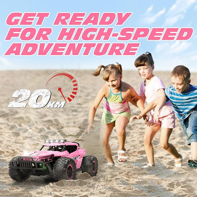 Tecnock Pink RC Car 1/16 Scale Remote Control Car for Girls, High Speed 20 Km/h All Terrains Rc Monster Truck with Two Rechargeable Batteries & Head Chassis Lights Gift Toy for Kids Adults