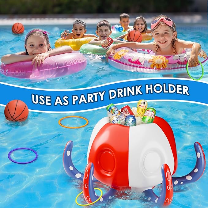 Pool Wave Kids Octopus Pool Toys, 2-in-1 Inflatable Float Water Game Basketball Hoop Ring Toss Outdoor Swimming Cool Summer Family Party Gift 3 4 5 6 7 8 Yr Old Boy Girl Child-Blue Red White