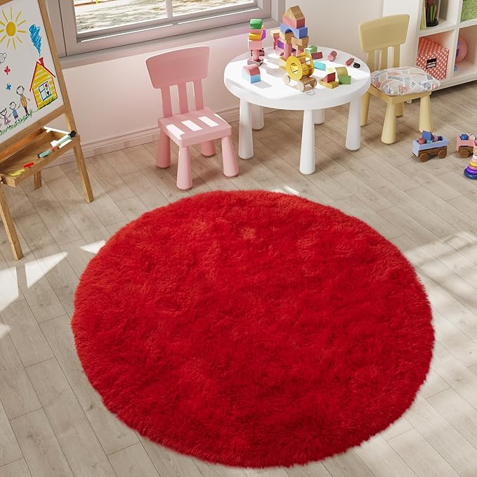 LOCHAS Luxury Round Fluffy Area Rugs for Bedroom Kids Girls Room Nursery, Super Soft Circle Rug, Cute Shaggy Carpet for Children Living Room, 5x5 Feet Red