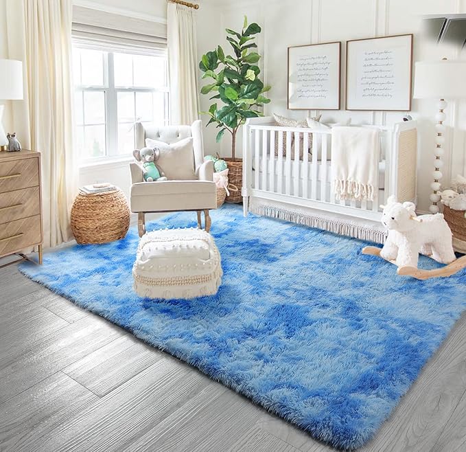 PAGISOFE Fuzzy Area Rugs for Bedroom Living Room Fluffy Shag Fur Rug for Kids Nursery Dorm, Furry Rugs Shaggy Decorative Accent Rug for Home Floor Carpet, 5x8 Feet, Blue