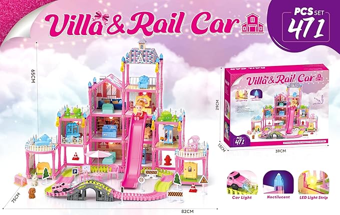 Dream Dollhouse, Racing Track, Dolls House playset with Toy Furniture and 4 Level Slide, Furniture, 1 Doll and 1 Buggy Toy and 10+ Tracks Pet and Puppy Play Area 13 Rooms