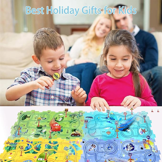 Puzzle Racer Kids Car Track Set Educational Puzzle Track Car Play Set Rail Car Puzzle with Battery-Operated Toy Vehicle & Puzzle Board for Kids Ages 3+ (5PCS, 4 Style)