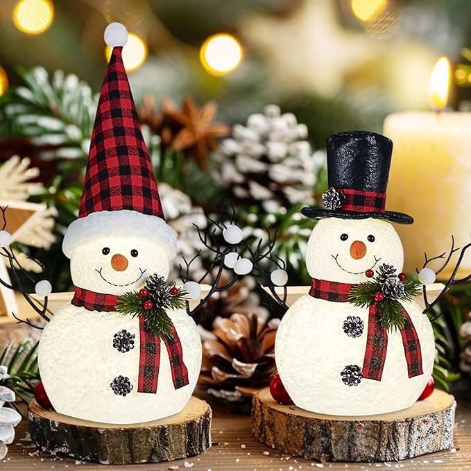 2 Pack Christmas Table Decorations, 14" Lighted Plush Snowmen Christmas Trees with Pine Cone Twigs, Light Up Snowman Holiday Present, Battery Operated Xmas Gifts Tabletop Ornaments (Black and Red)