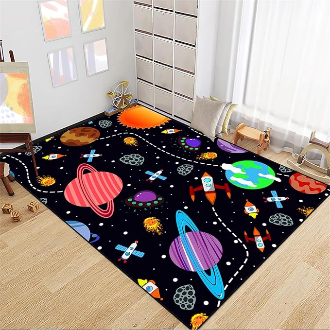 Solar System Rugs for Boys - 3'×4' Outer Space Children Play Area Rug Satellite Rockets Pattern Satellite Rockets Play Mat Rug for Boys Girls Galaxy Carpet Mat for Dinning Dorm Living Room