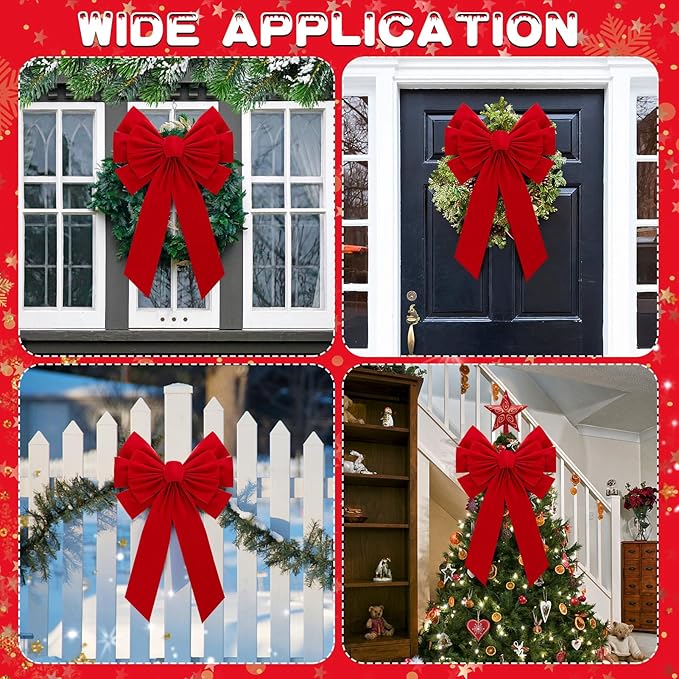 MEWTOGO 2 Pcs Large Christmas Red Wreath Bows - 23.6×15.7 in Velvet Red Bows with Golden Tie, Easy Hanging for Window Stairs Outdoor Porch Christmas Decoration Gifts Indoor Party Supplies