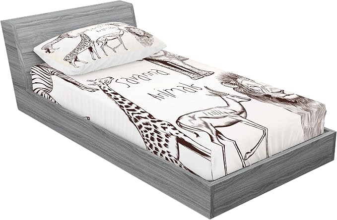 Ambesonne Safari Fitted Sheet & Pillow Sham Set, Composition of Tropic Wild Savannah Animals Lion Giraffe Zebra Graphic, Decorative Printed 2 Piece Bedding Decor Set, Twin, Brown Cream